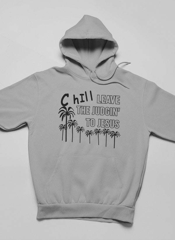 Heather gray hoodie with front palm tree text graphic and pullover hood