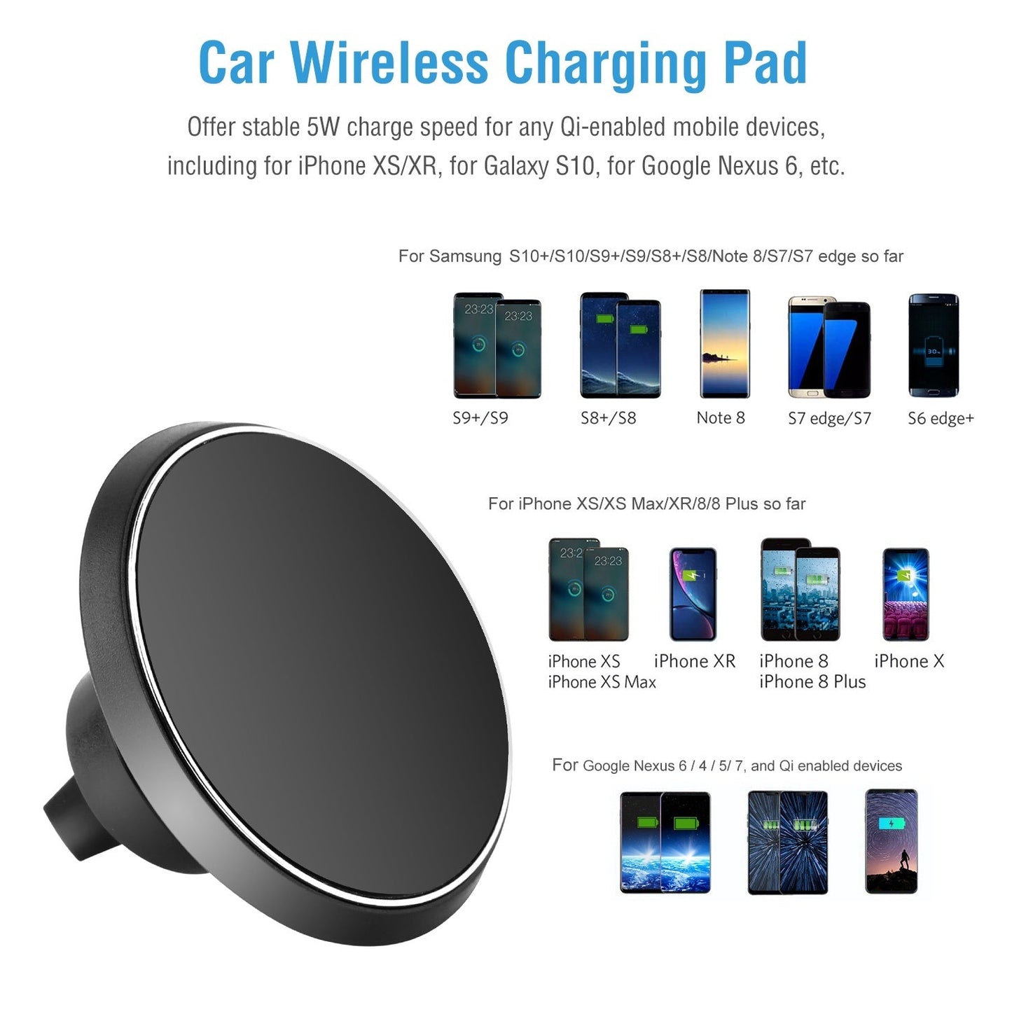 Black magnetic wireless car charging pad with vent mount, shown at an angle