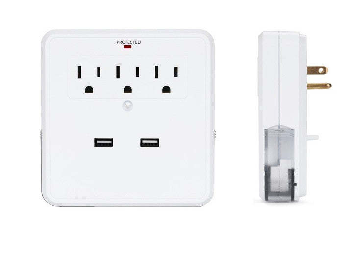 White wall adapter with three AC outlets and dual USB ports, with side prong plug shown