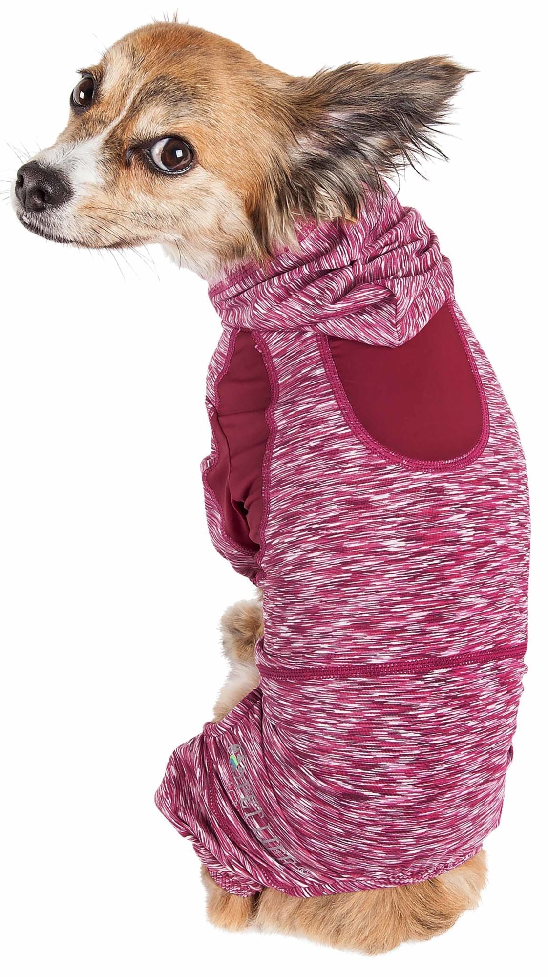Pet full-body warm-up hoodie in heathered pink on small dog, front hood and sleeves