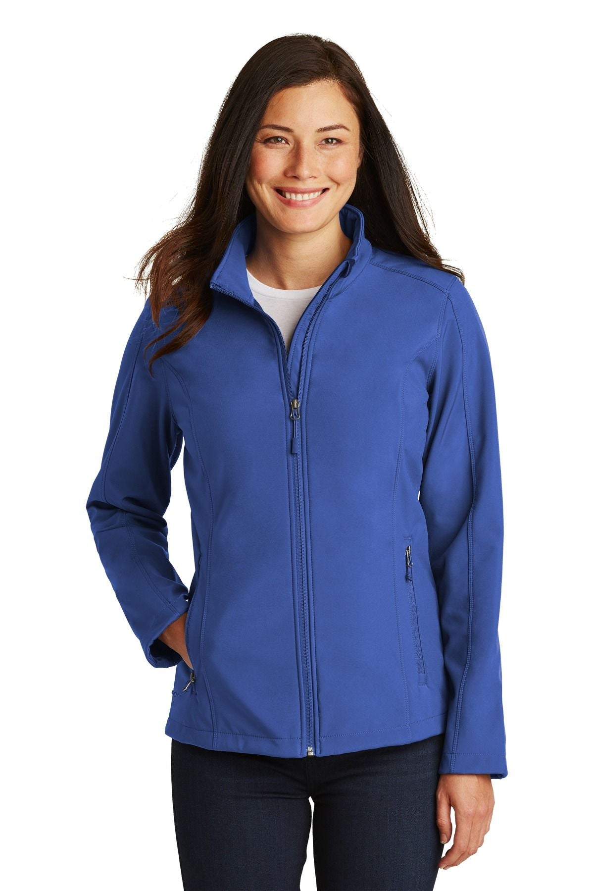 Ladies soft shell jacket in royal blue, full-zip with stand collar and side pockets