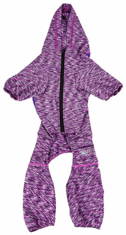 Purple heather dog hoodie with black center zipper, hood, and four-leg coverage