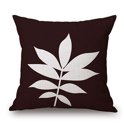 Leaf motif cushion cover, dark brown with white botanical flower design