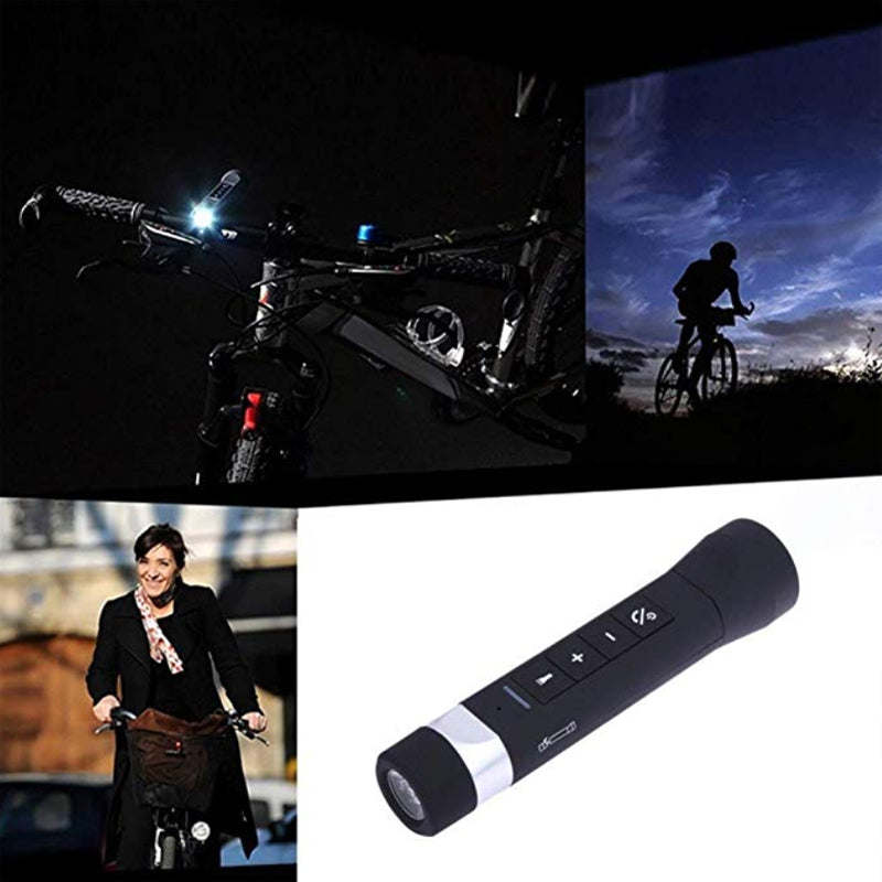 Black Bluetooth speaker flashlight used at night on a bicycle and outdoors
