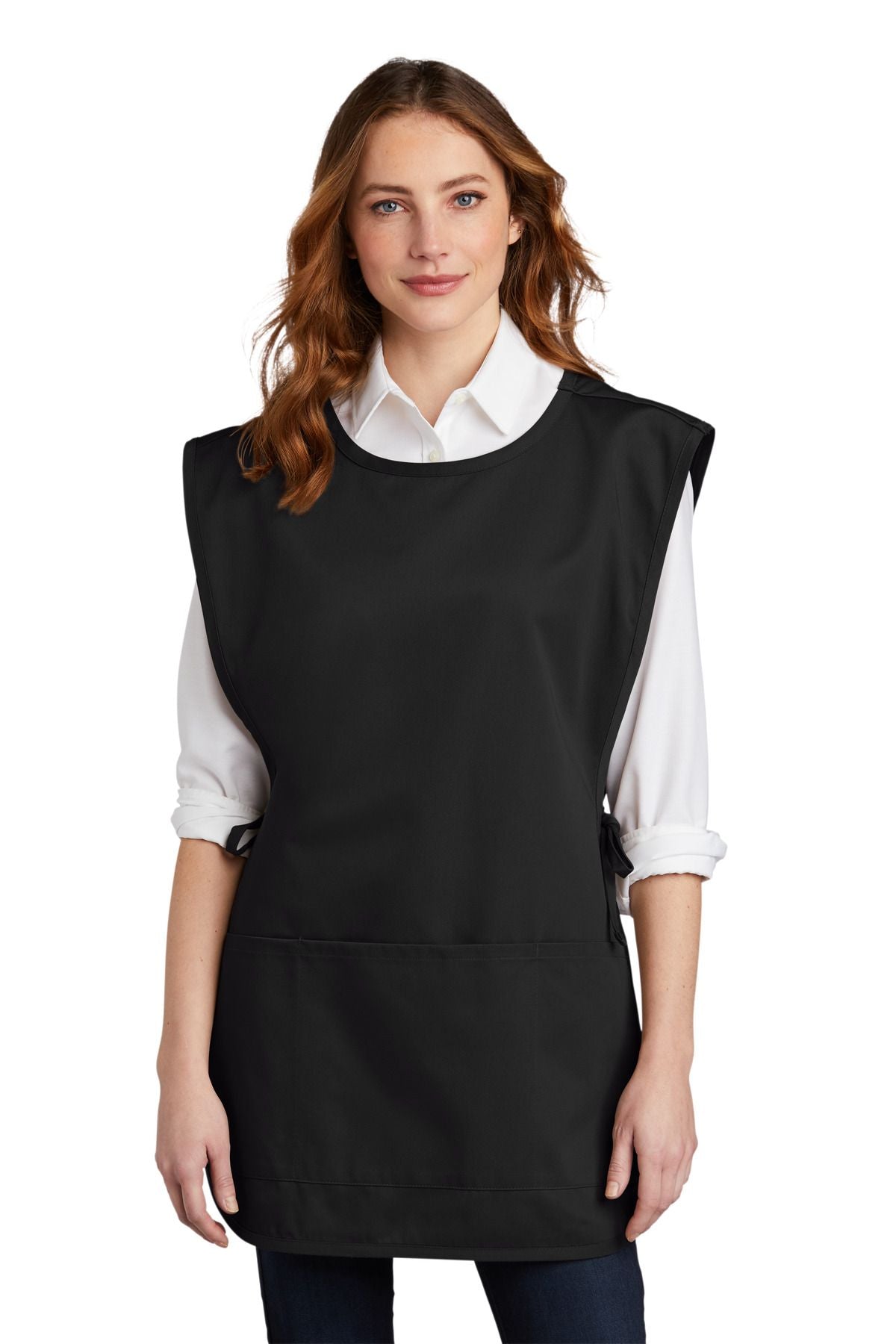 Black cobbler apron with wide neck opening and front pocket