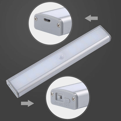 Rechargeable motion LED light bar end view with USB port and charging details