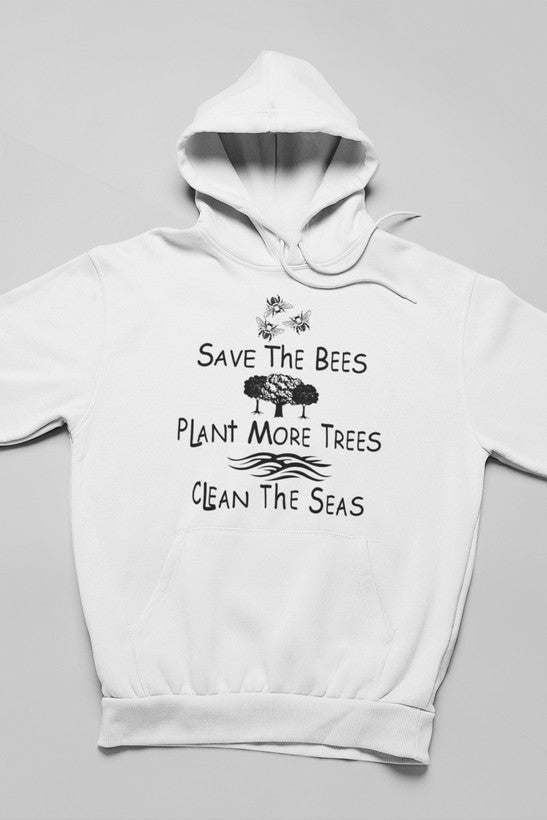 White hoodie with “Save The Bees” slogan graphic on chest and drawstring hood