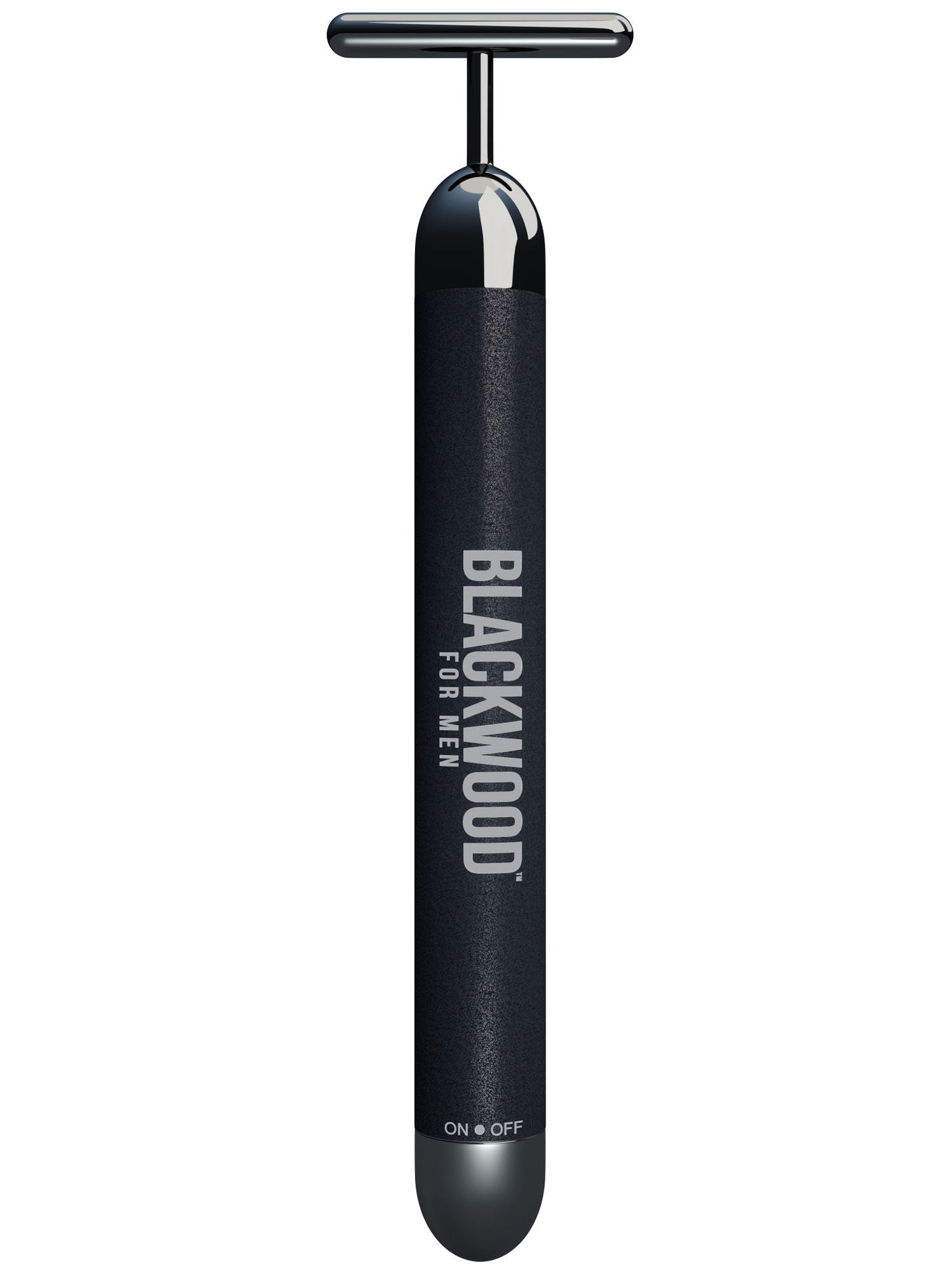 Black facial massager with roller head and ON/OFF button, branded BLACKWOOD