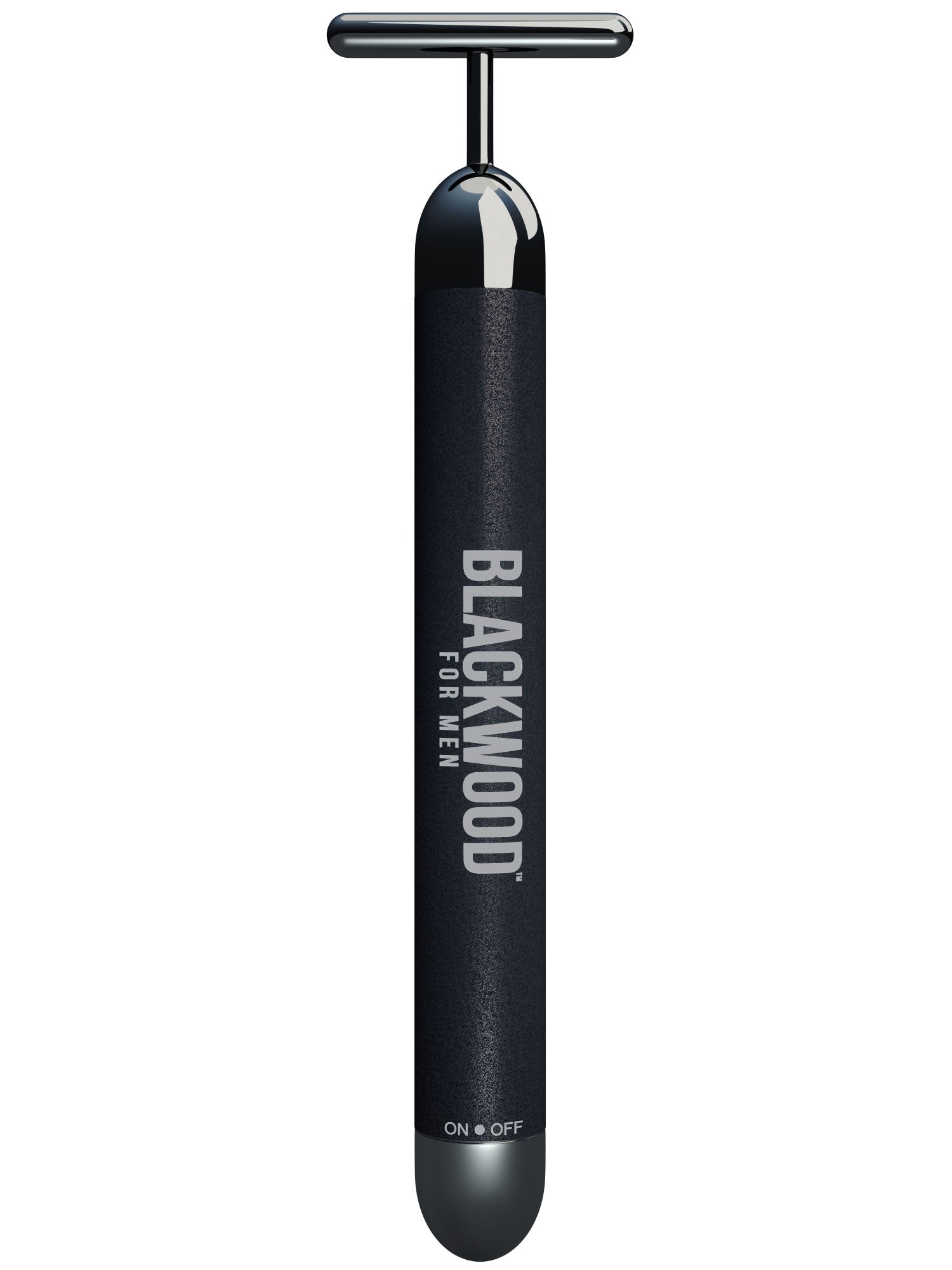 Black facial massager with roller head and ON/OFF button, branded BLACKWOOD