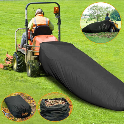 Black fabric lawn mower leaf bag attached to tractor, long chute cover