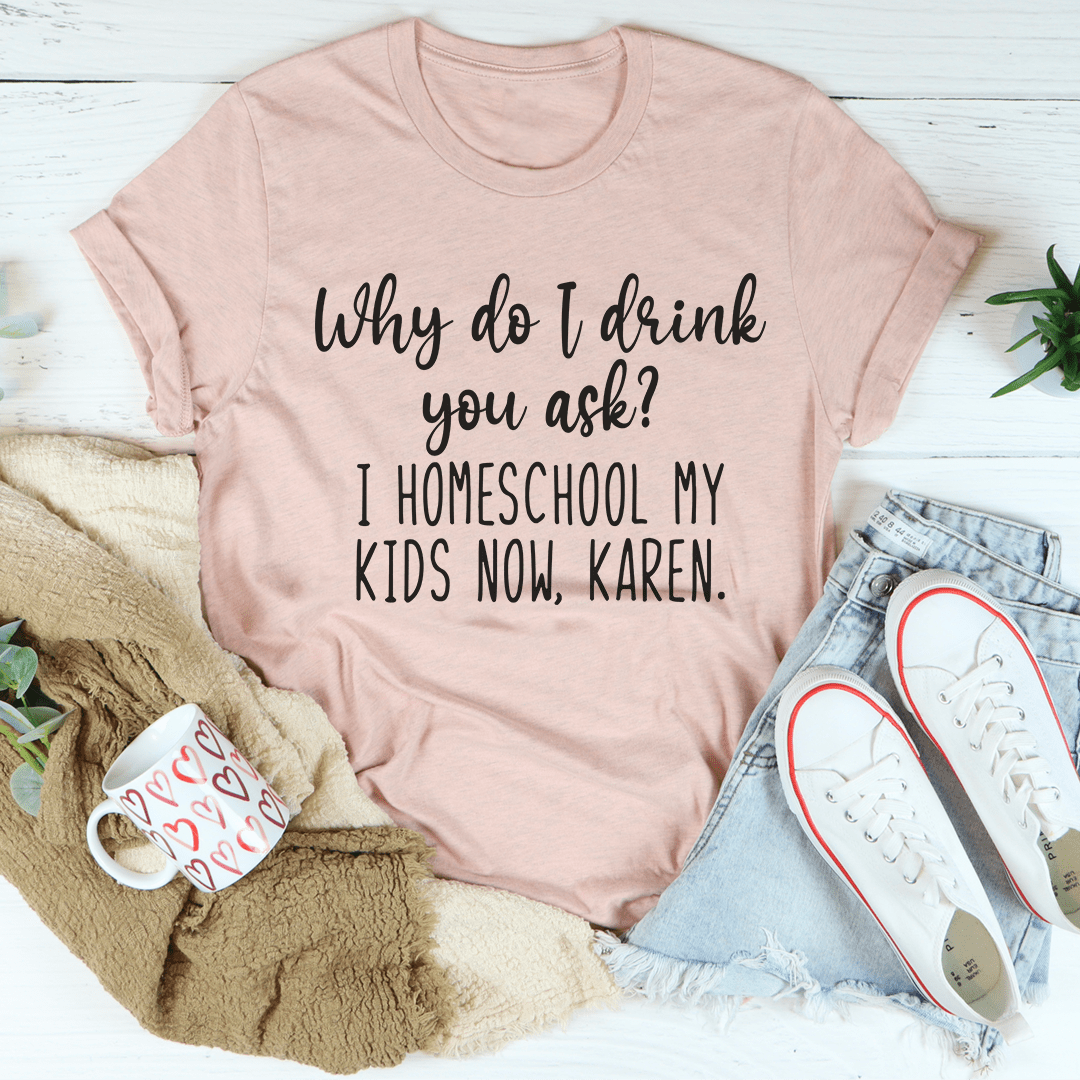 Peach crewneck T-shirt with drink question graphic