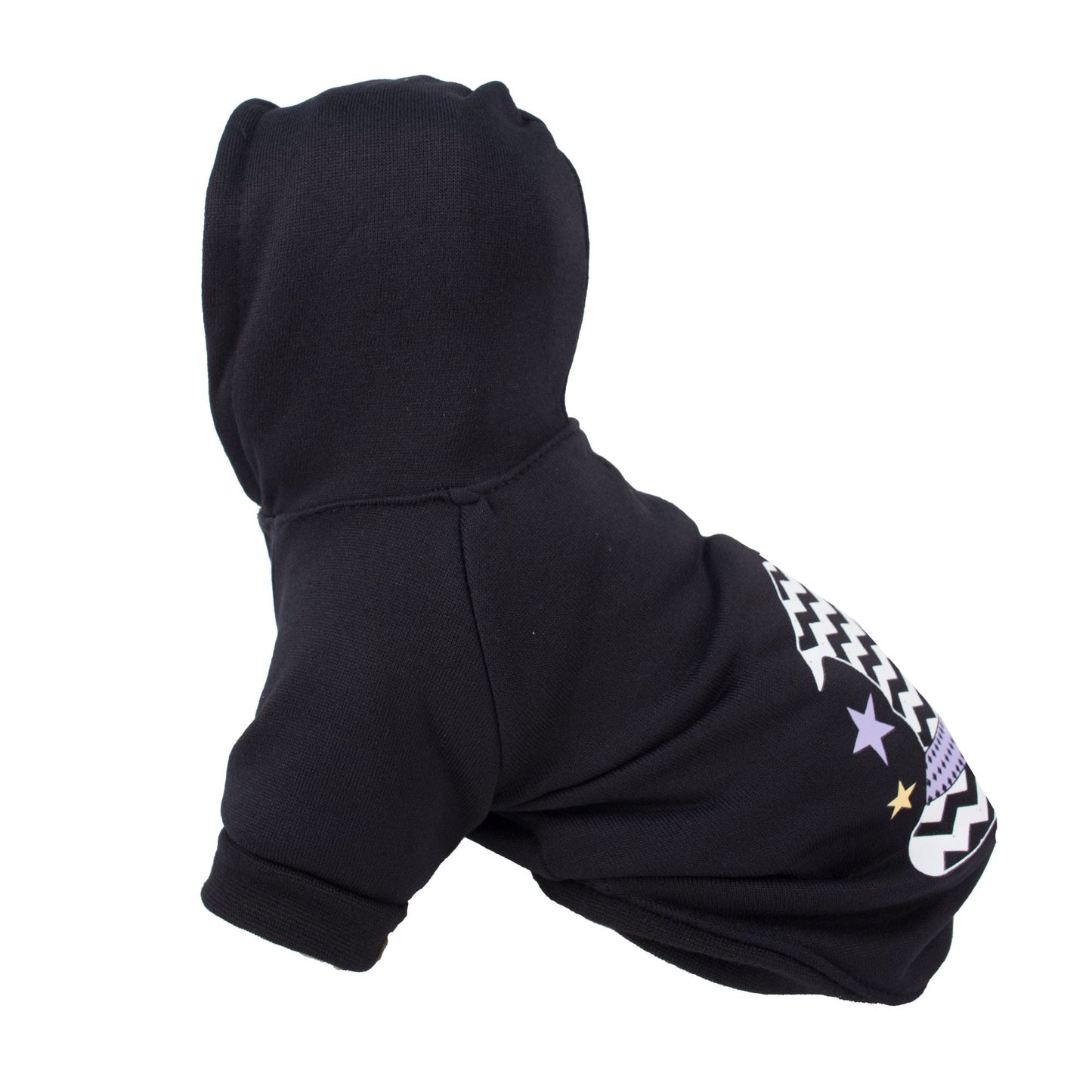 Hooded pet sweater costume, black with sleeve graphic and star accents