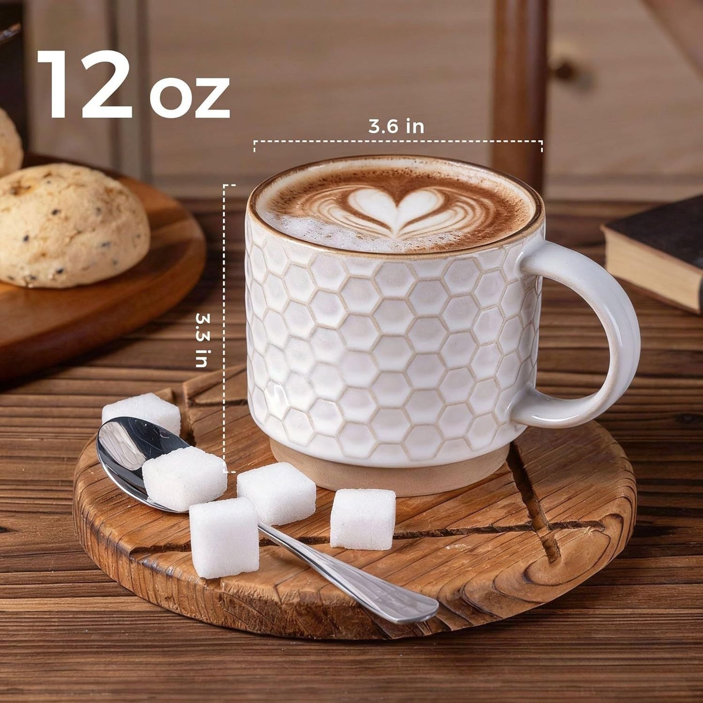 12OZ Stackable Coffee Mugs, Ceramic Coffee Mugs with Texture Patterns for Man,Woman,Dad,Mom, Modern Coffee Mugs Set of 4 for Latte/Cappuccino/Cocoa. Dishwasher&Microwave Safe, Off White
