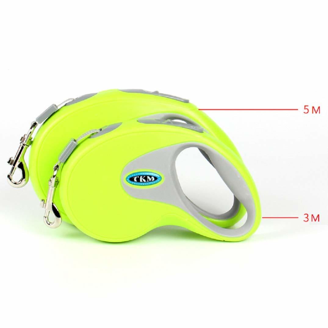 Retractable pet leash in lime green with retractable ribbon cord and metal clip.