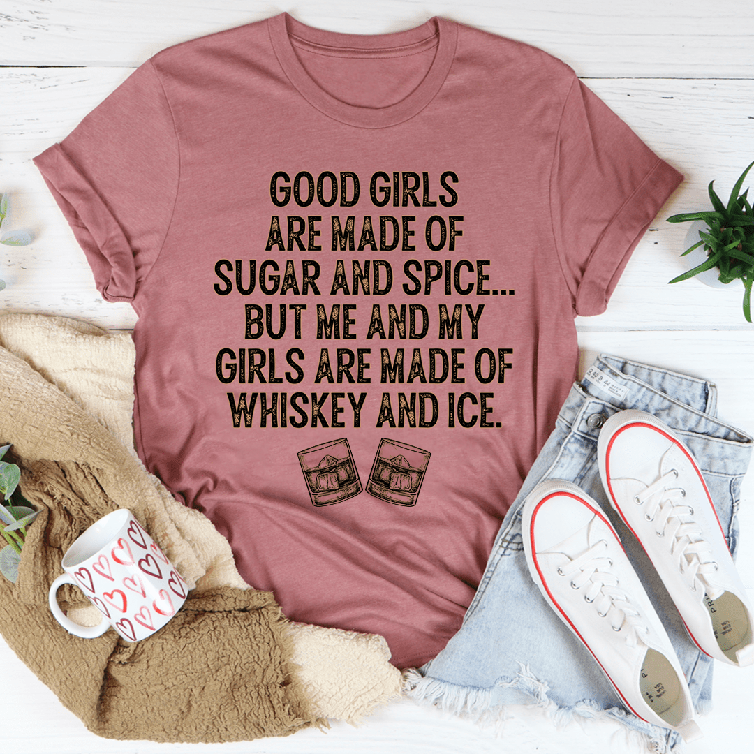 Dusty rose T-shirt with black 'sugar and spice' slogan