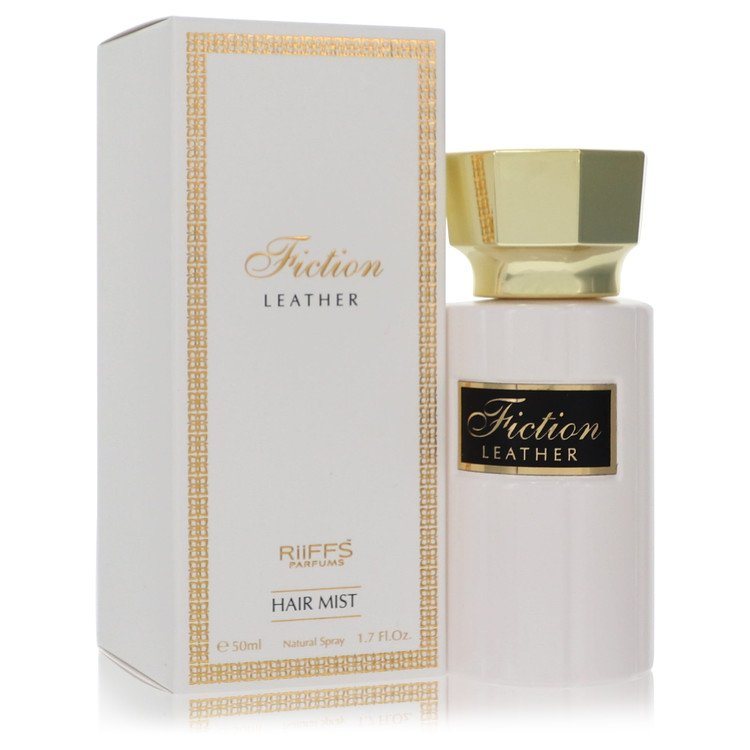 Riiffs Fiction Leather hair mist bottle and box, 1.7 fl oz, white and gold