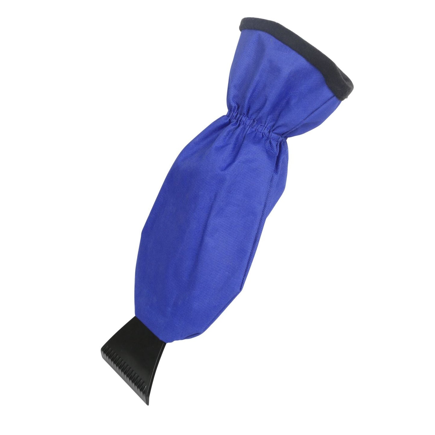 Blue ice scraper glove mitt with black trim and ridged rubber scraper blade