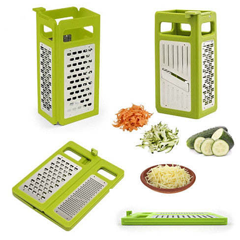 Green foldable slicer and grater with front grating panel and side slicing blade