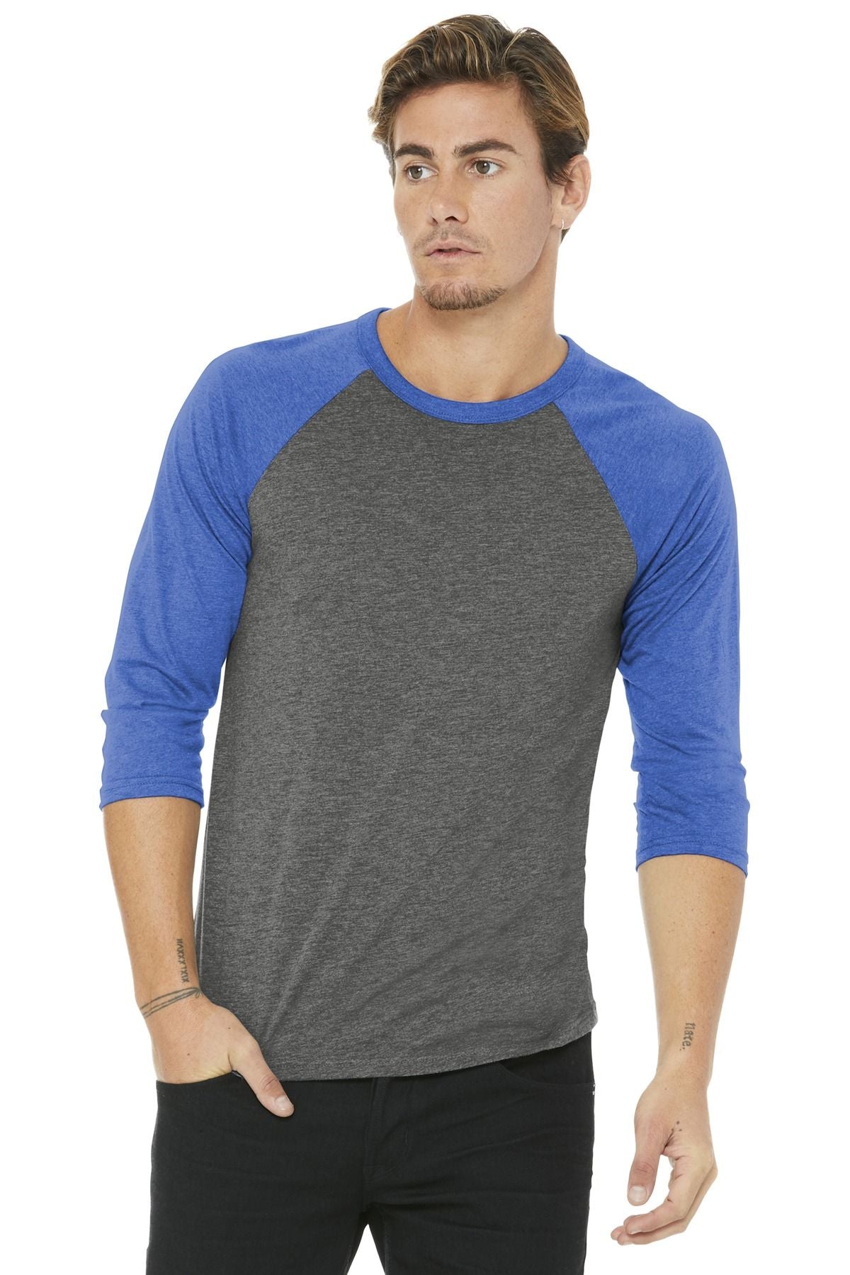 3/4-sleeve raglan baseball tee with blue sleeves and heather gray body