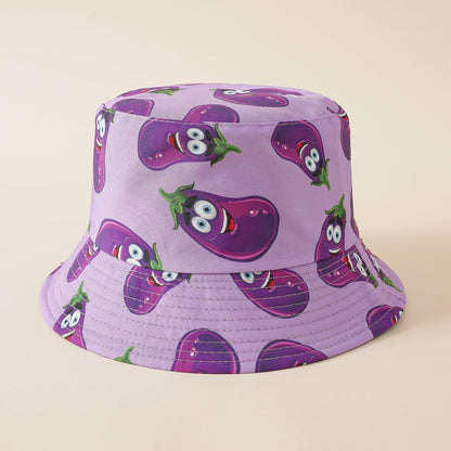 Fisherman hat in light purple with cartoon eggplant pattern, wide brim