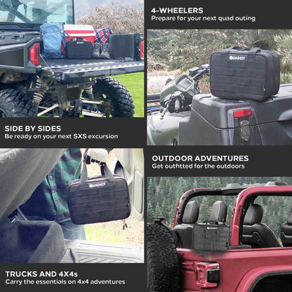 Emergency kit bags mounted on ATV cargo area with a compact storage pouch