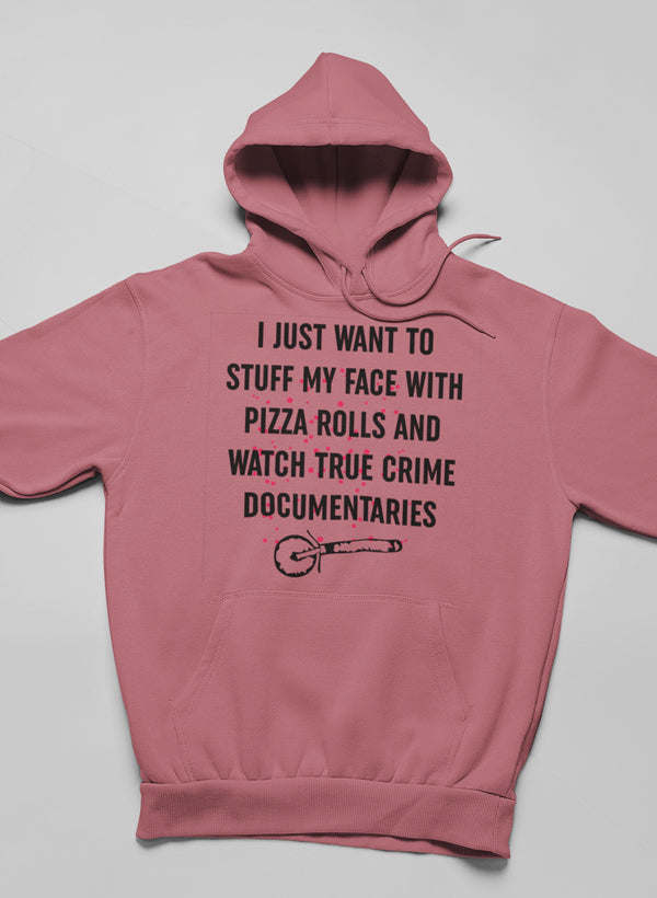 Pizza Rolls hoodie, mauve back with large graphic text under hood