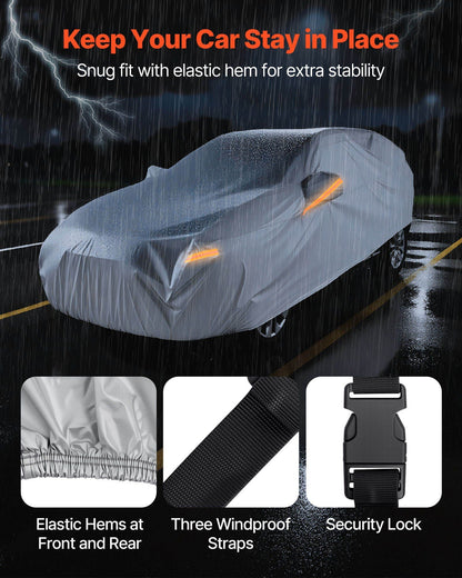 Car cover with elastic hems, three waterproof straps, and security lock patch