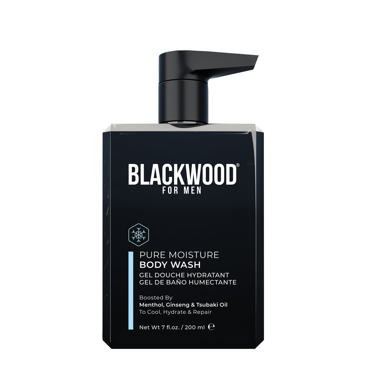 Moisturizing body wash bottle with black pump and blue stripe label, BLACKWOOD FOR MEN