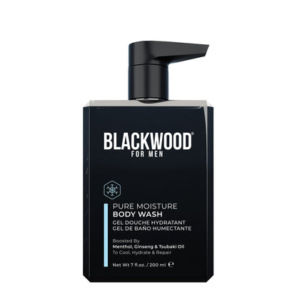 Moisturizing body wash bottle with black pump and blue stripe label, BLACKWOOD FOR MEN