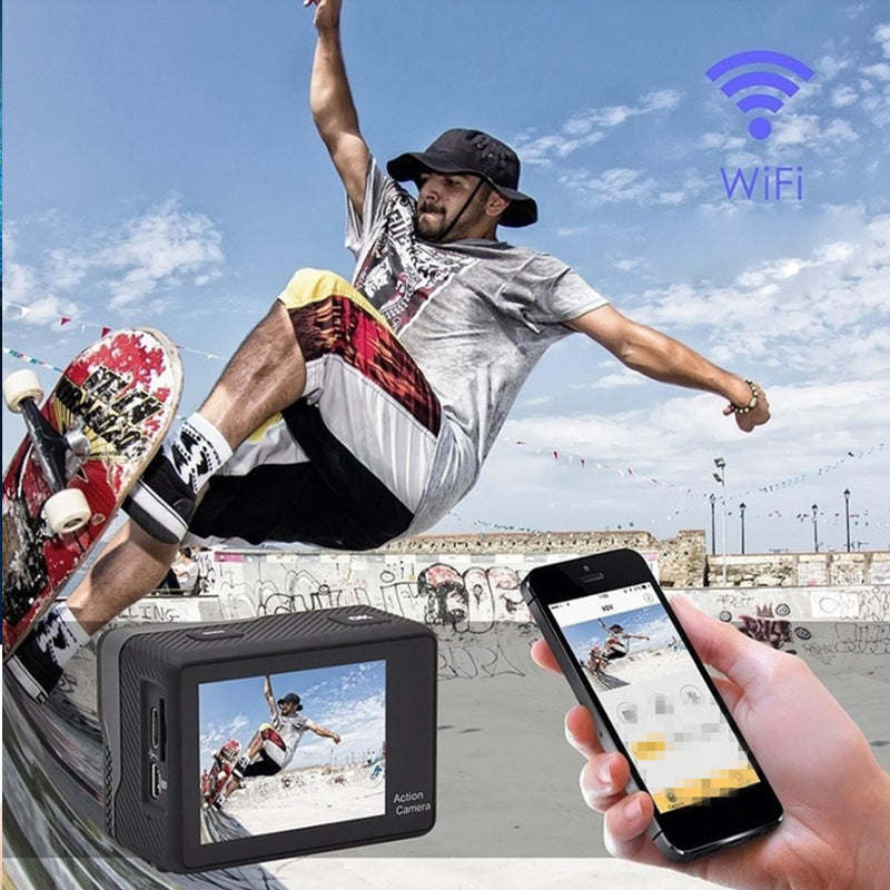 Waterproof action camera with Wi-Fi remote control and LCD screen in clear case