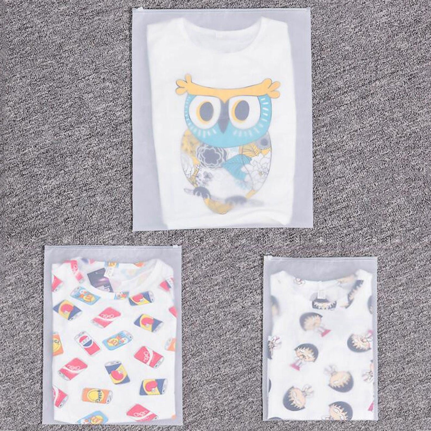 Printed clothing storage covers with owl and candy graphics on cards