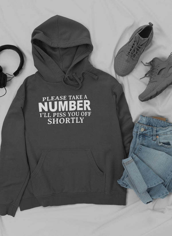 Dark gray pullover hoodie with drawstring hood, front pouch pocket, and number graphic