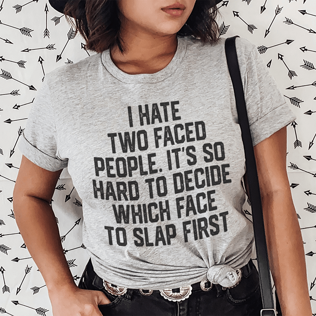 Heather gray crew-neck T-shirt, black slogan centered