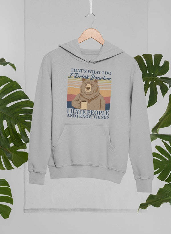 Athletic heather hoodie with front pocket and centered bear graphic with slogan text