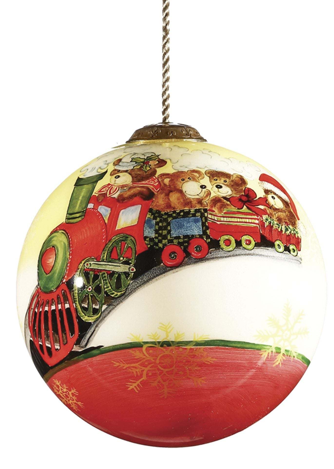 Hand-painted glass hanging ornament ball with red train and teddy bear scene