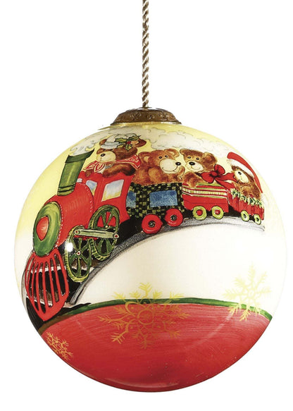 Hand-painted glass hanging ornament ball with red train and teddy bear scene