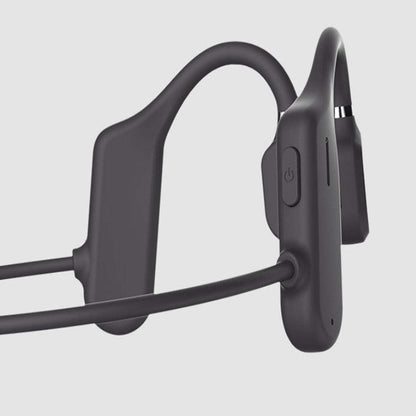 Black open-ear wireless headphones with curved neckband and ear hooks, side view.