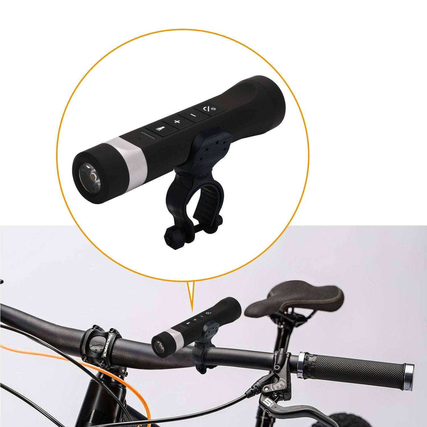 Black multi-functional Bluetooth speaker with bike-mount clip and built-in LED flashlight
