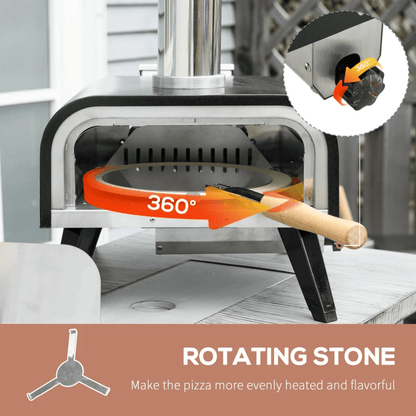 12-inch Automatic Rotating Pizza Oven with Built-in Thermometer-Portable Wood-Fired Pizza Oven, Outdoor Kitchen Authentic Stone-Baked Pizza, Independent Carbon Grill, Wheel-equipped Pizza