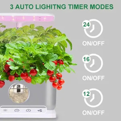 Hydroponics planter with LED grow light timer modes over leafy plants and red berries