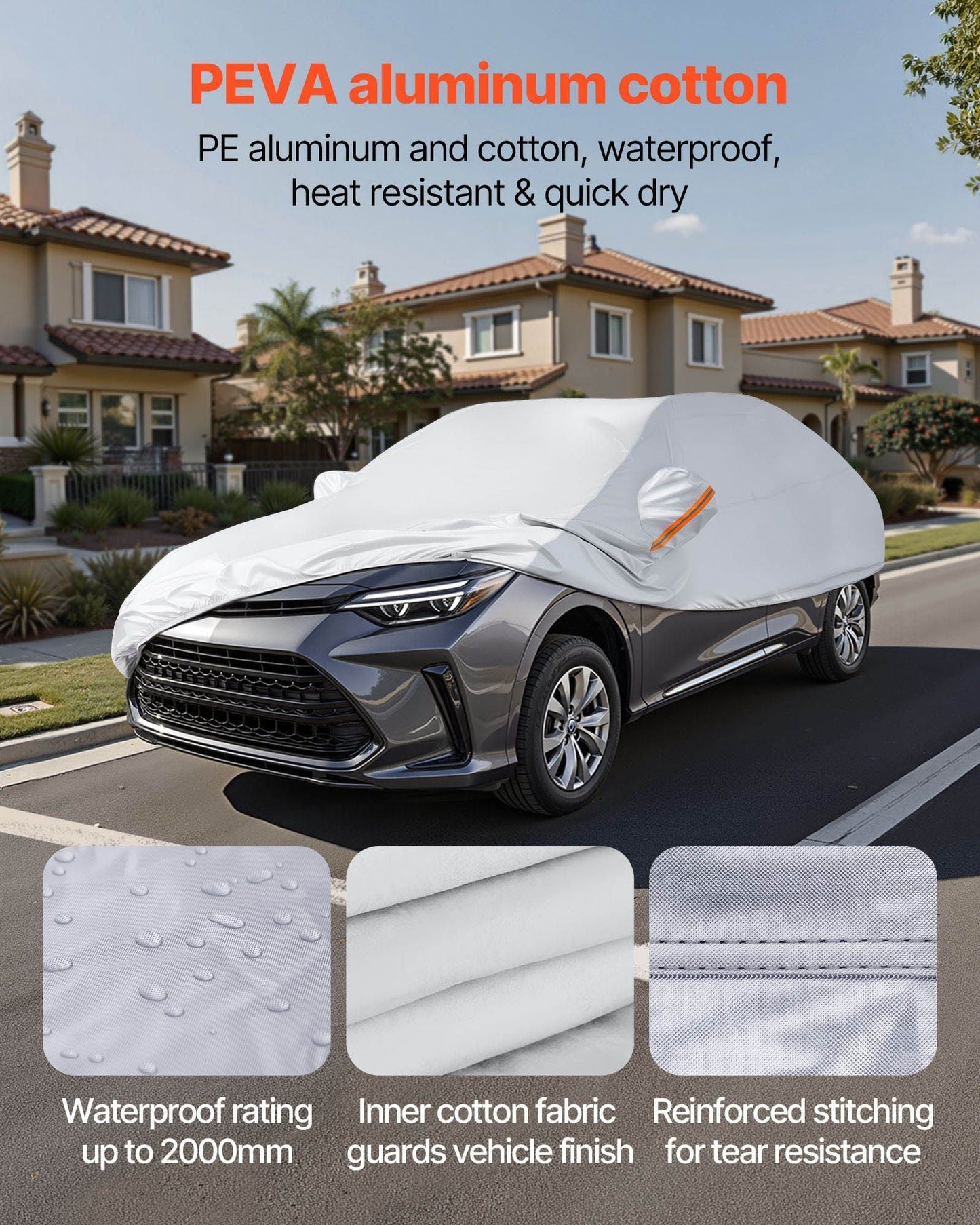 White car cover with orange zipper pull and reinforced stitching detail