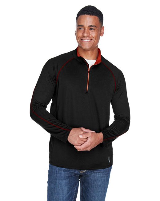 Men's black performance quarter-zip long-sleeve top with red zipper and trim