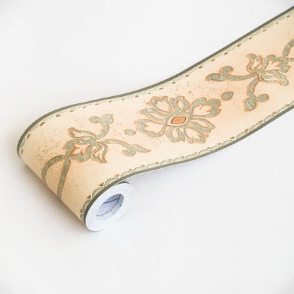 Self-adhesive wallpaper border roll, beige with teal and orange floral Chinese-knot motif