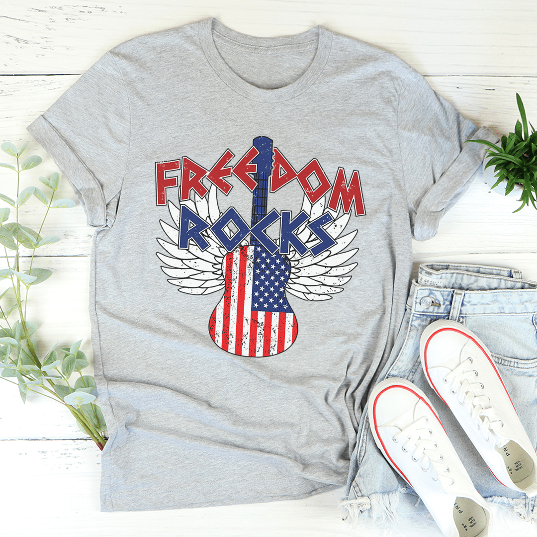 Grey crew-neck T-shirt with patriotic eagle and wing graphic, red blue white striped emblem