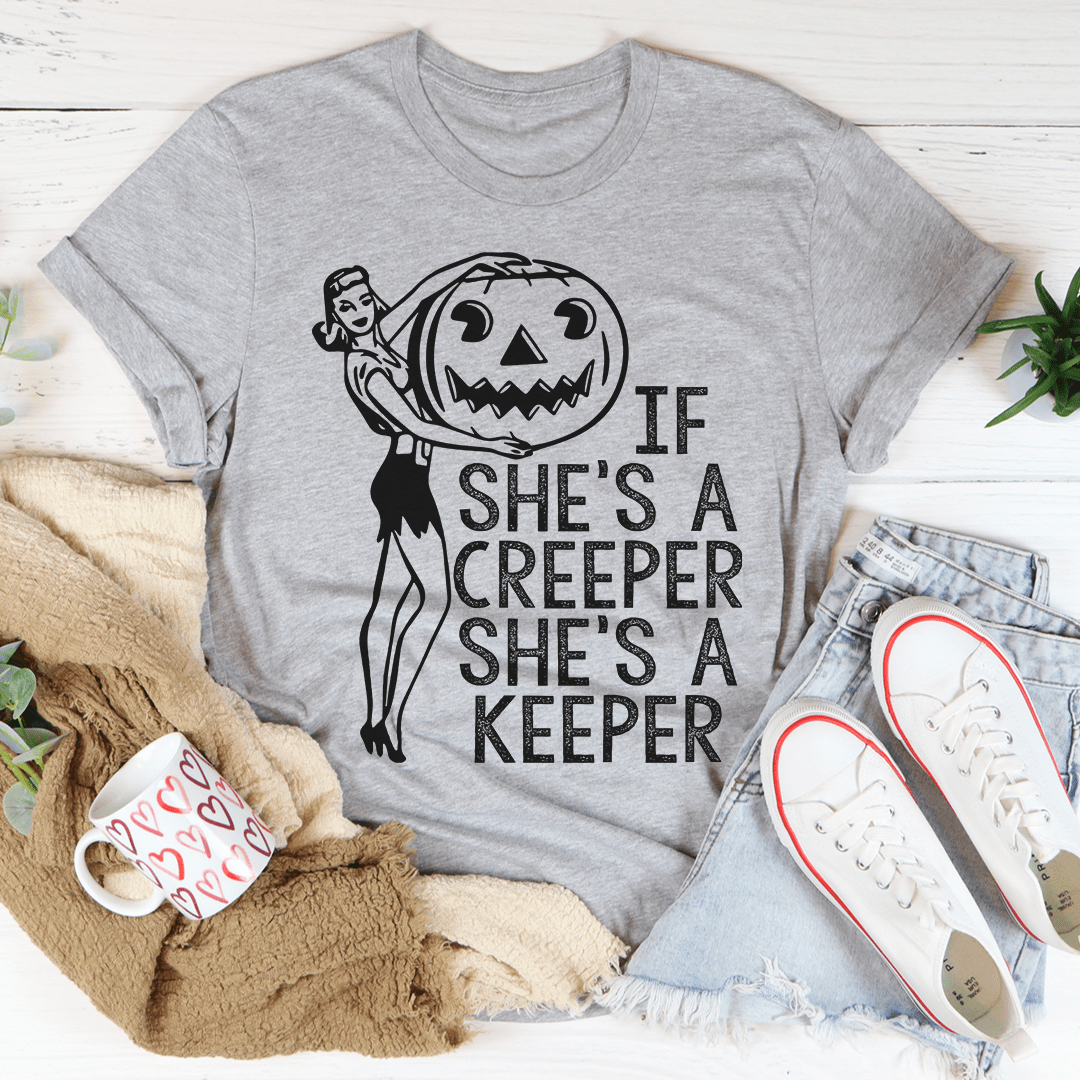 Heather gray crew-neck T-shirt with jack-o-lantern creeper graphic and slogan print