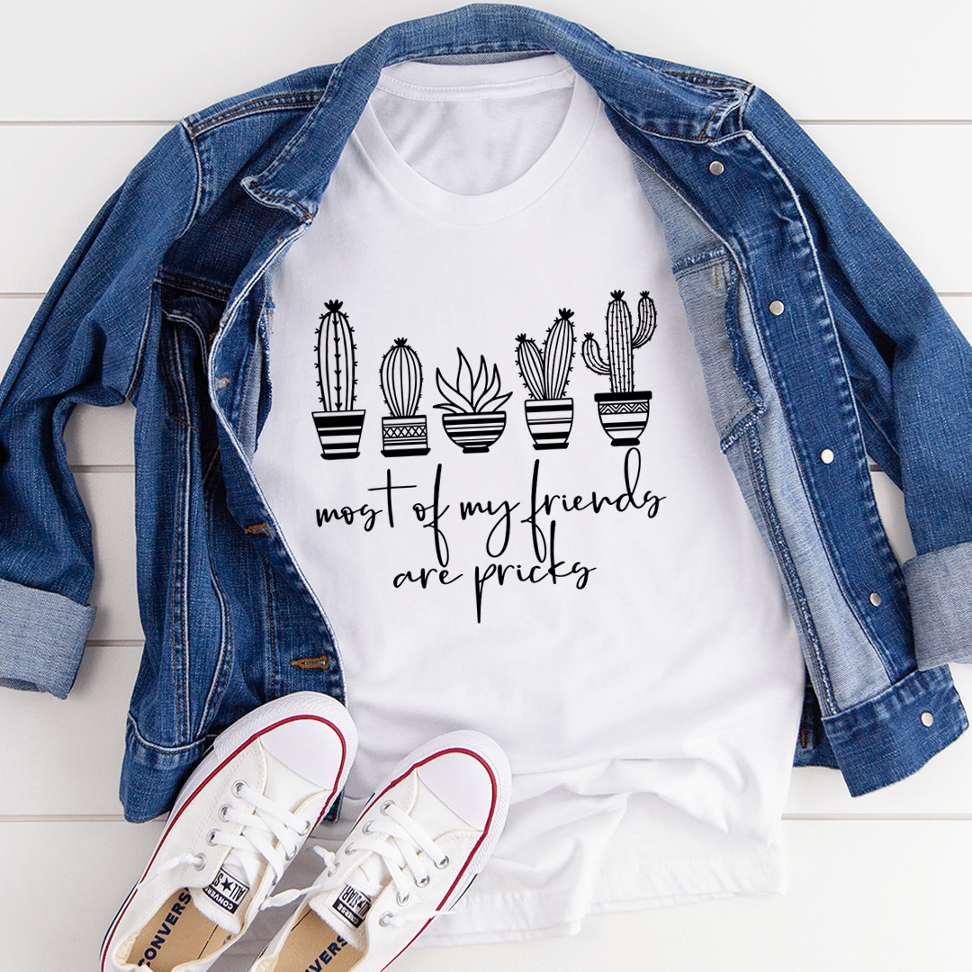 White crew-neck T-shirt front view, cactus graphic and 'most of my friends are pricks'