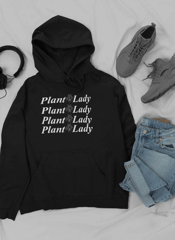 Black pullover hoodie with hood, drawstring, kangaroo pocket, 'Plant Lady' print.