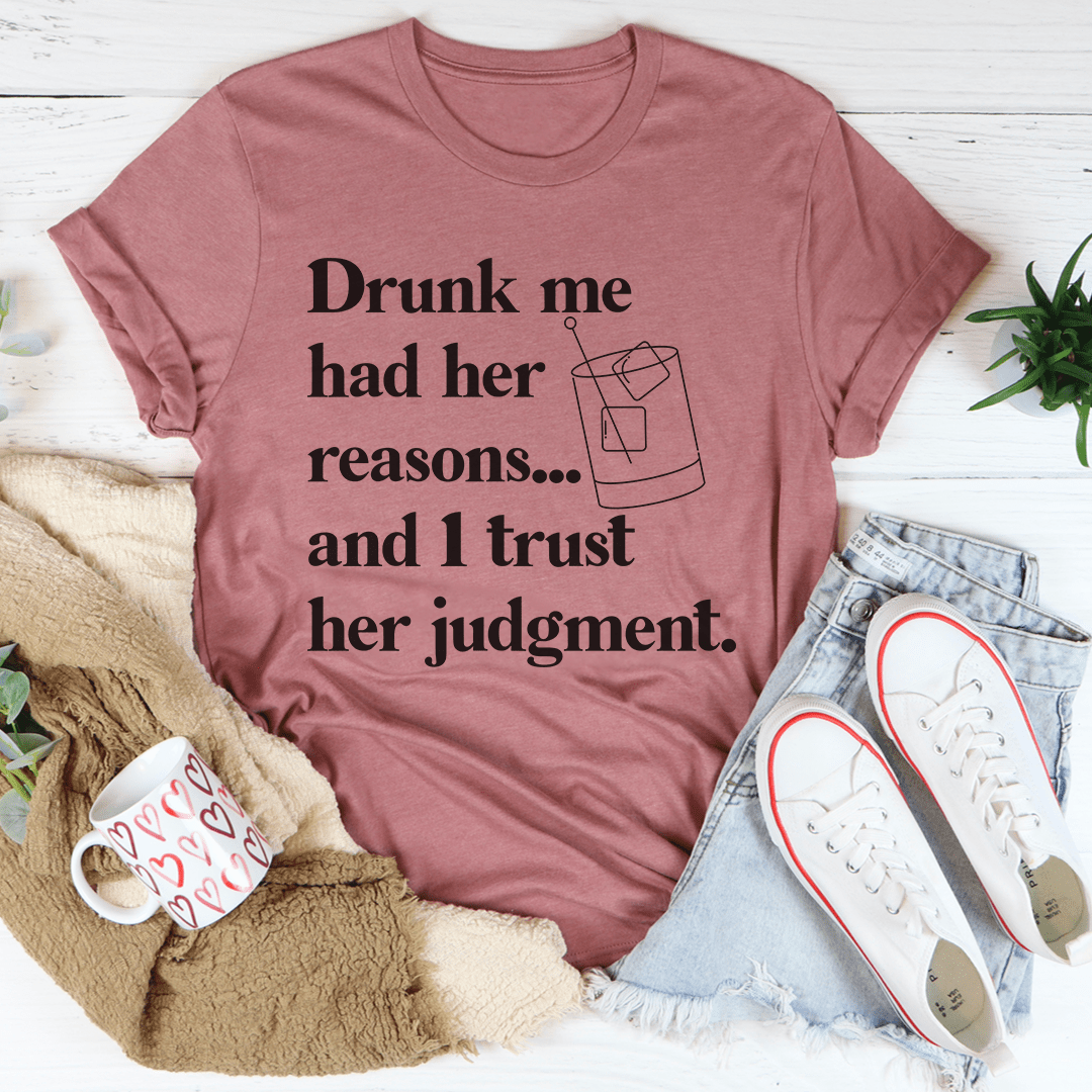 Mauve crew-neck T-shirt with drink-themed quote graphic and martini icon