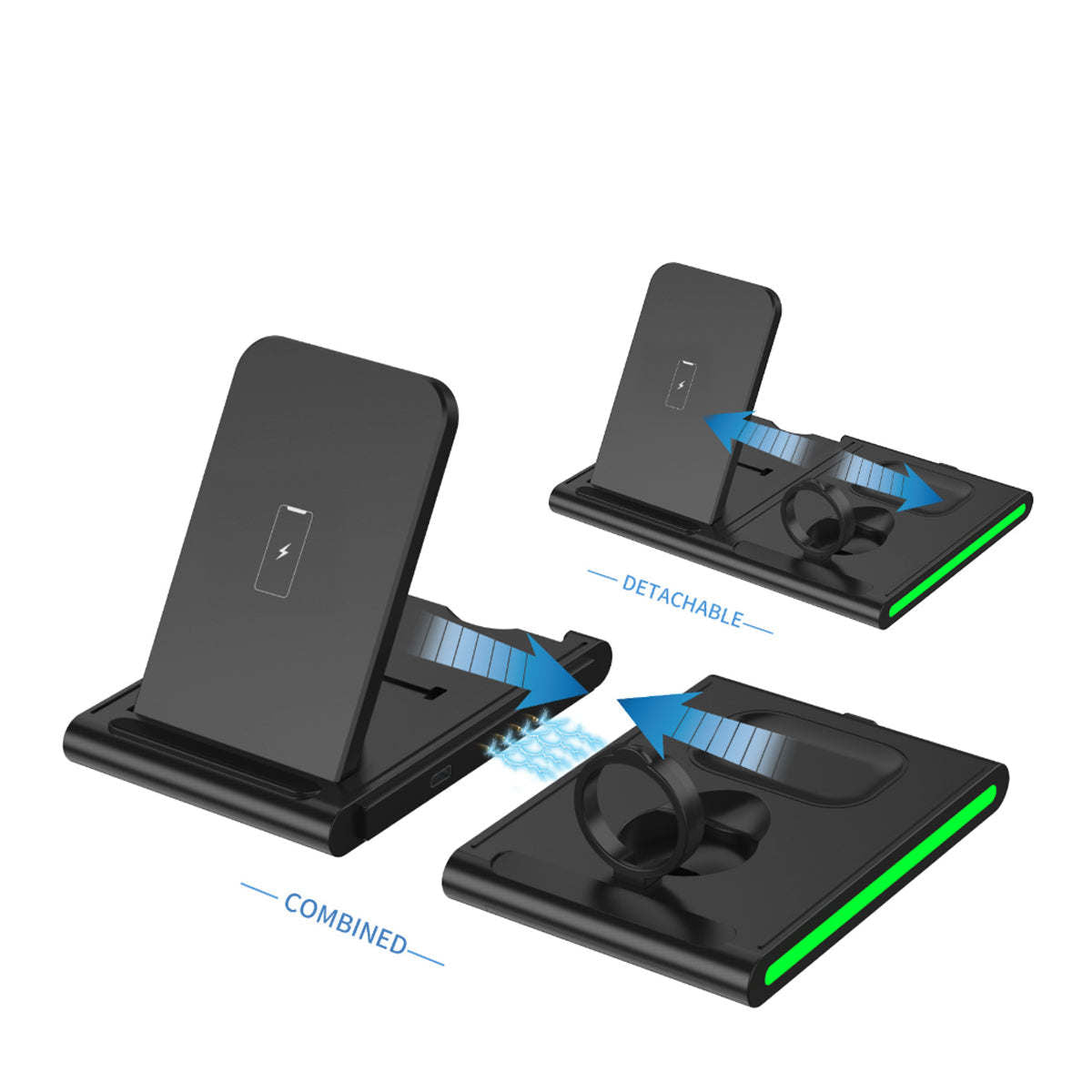 Black 4-in-1 wireless charging dock with detachable pieces and illuminated charging pads
