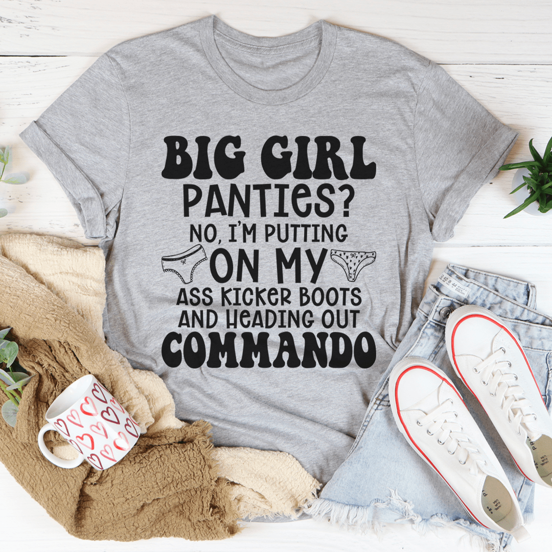 Gray graphic slogan T-shirt with BIG GIRL text and underwear icons